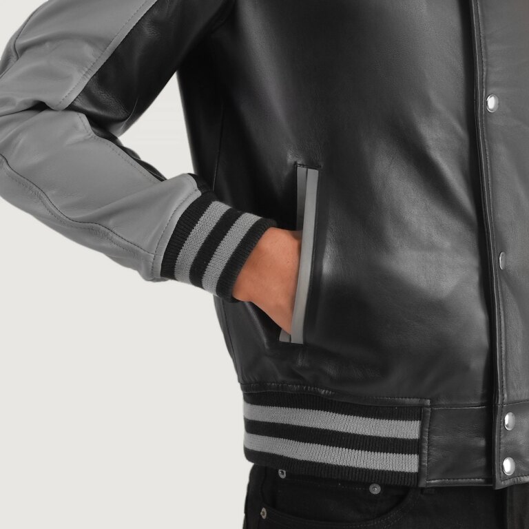 Mens Terrance Black & Grey Leather Varsity Jacket Close-Up-9-1704122387913